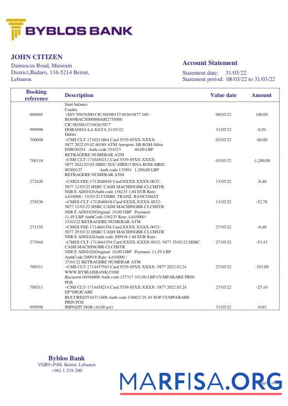 Downloadable Lebanon Byblos bank statement word.1 example
